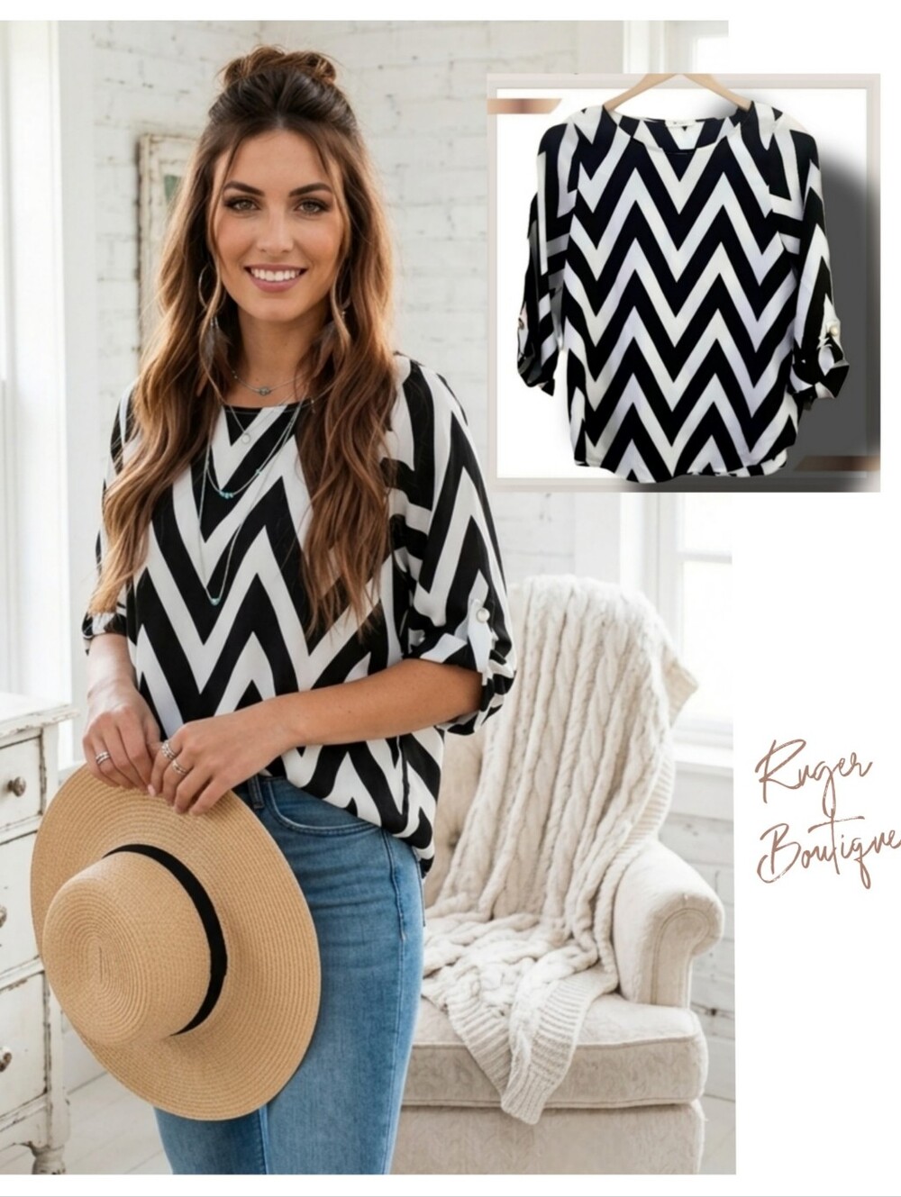 🌿Everly Chevron Women's Small Cropped Sleeve Black and White Blouse